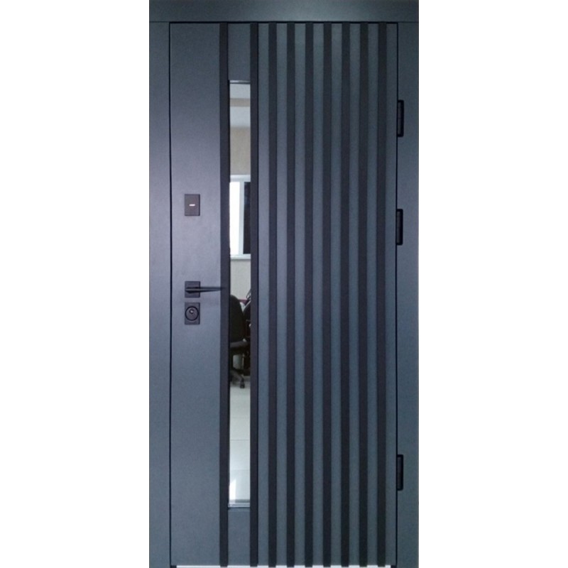 Двери входные Милано (Композит) Redfort серые + рейки / белое дерево