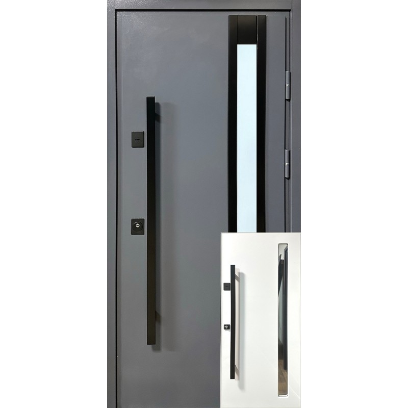 Вхідні двері Метал/МДФ зі склом + 2-х кольоровий короб Redfort антрацитово-сірий (RAL 7016)/біле дерево